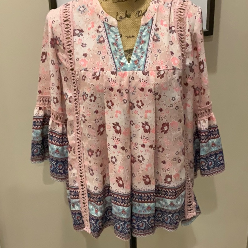 Knox Rose Pink and Blue Boho Blouse